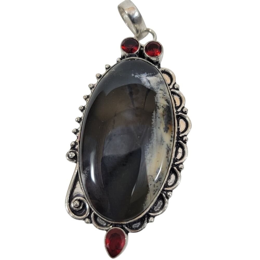 Handmade Silver Pendant with Dendritic Agate and Red Garnets in Bezel Setting
